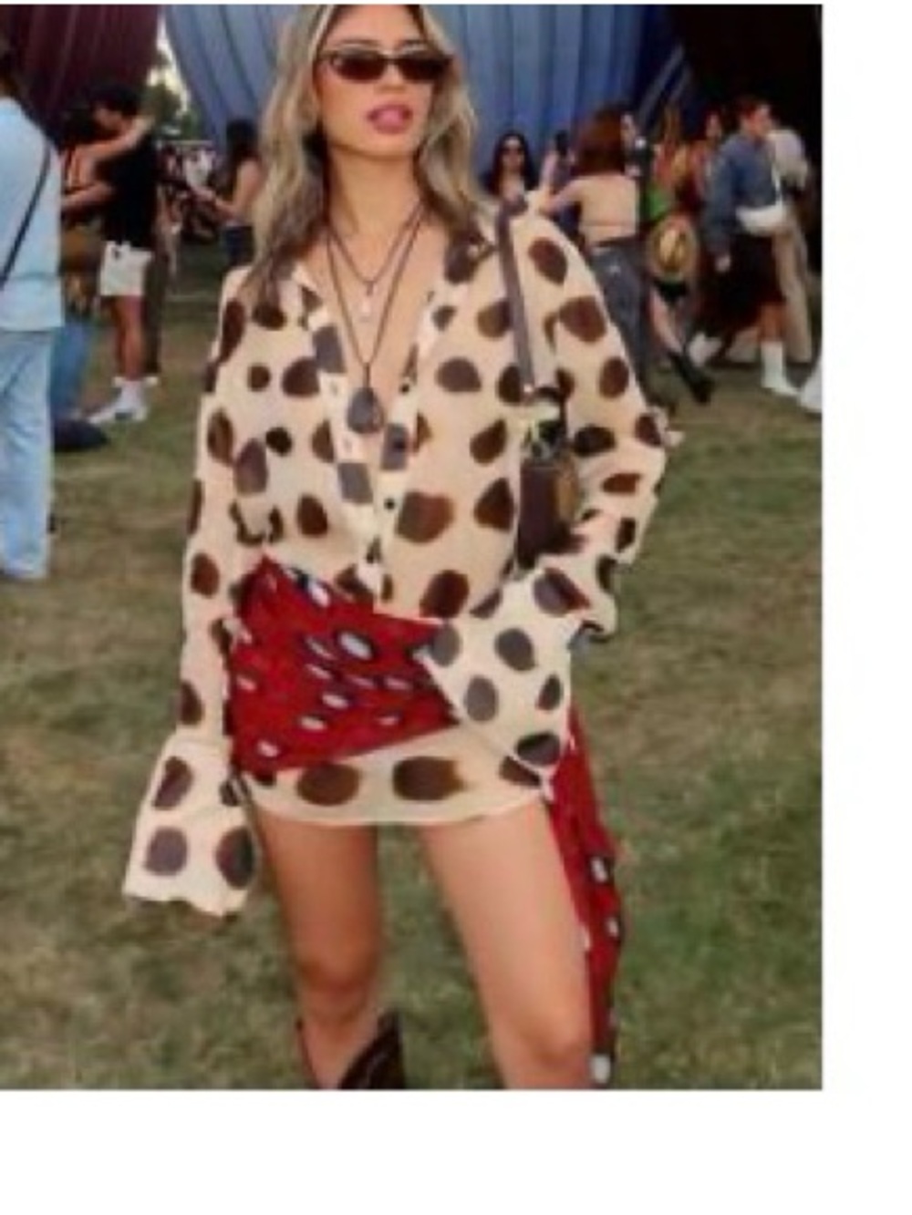 Source Unknown Beige and Brown Polka Dot Mini Dress with Red Accent